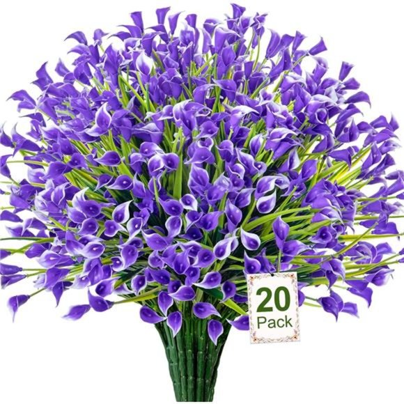 20 Bundles Artificial Flowers for Outdoors Fake Calla Lily Flowers, Purple - Picture 2 of 7